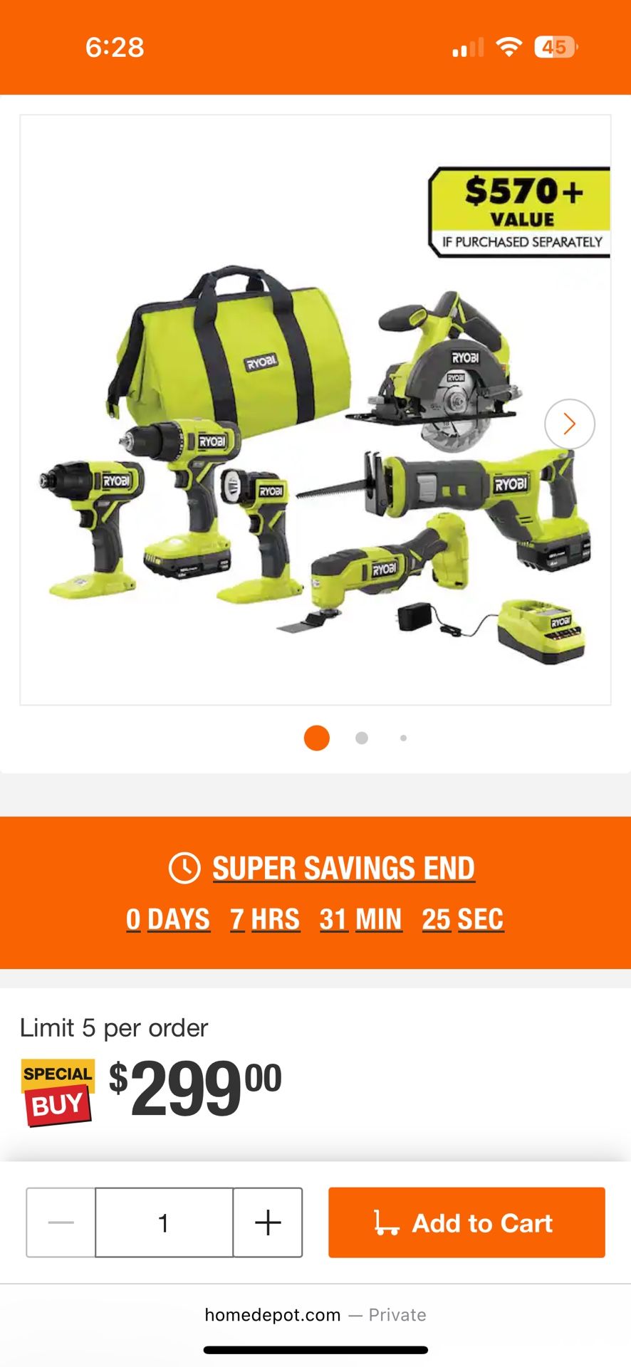 ONE+ 18V Cordless 6-Tool Combo Kit with 1.5 Ah Battery, 4.0 Ah Battery, and Charger