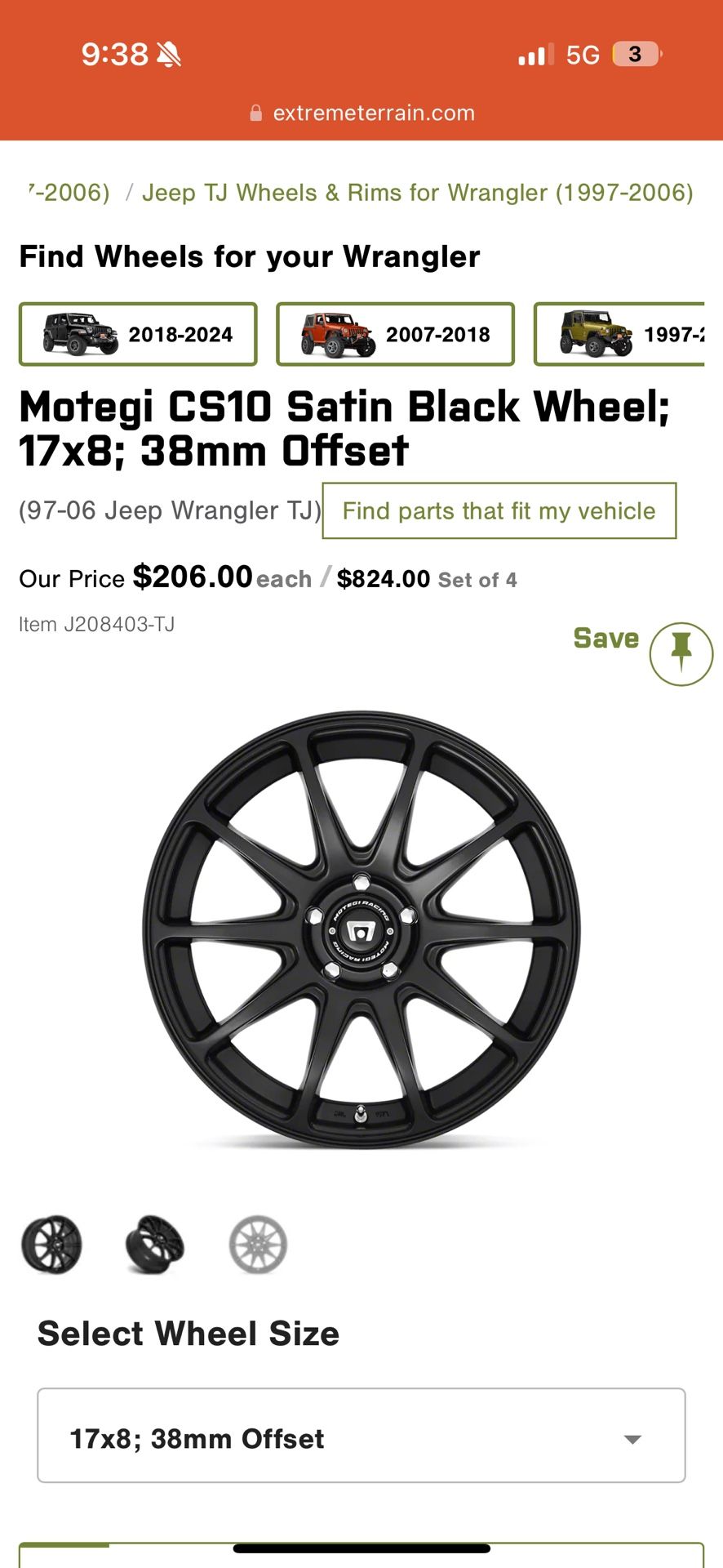 Motegi CS10 Satin Black Wheel; 17x8; 38mm Offset