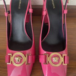 VERSACE Women's Size 5 Pink & Gold Medusa Vernice Patent Leather Heeled Pumps Shoes