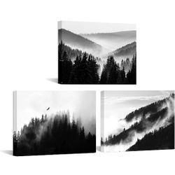 Black and White Forest Picture Foggy Mountain Wall Art Living Room Wall Decor 12x16 inches