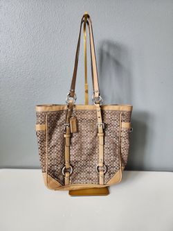 Coach Signature Gallery Tote F11526 Khaki Brown Canvas Leather Trim Shoulder Bag