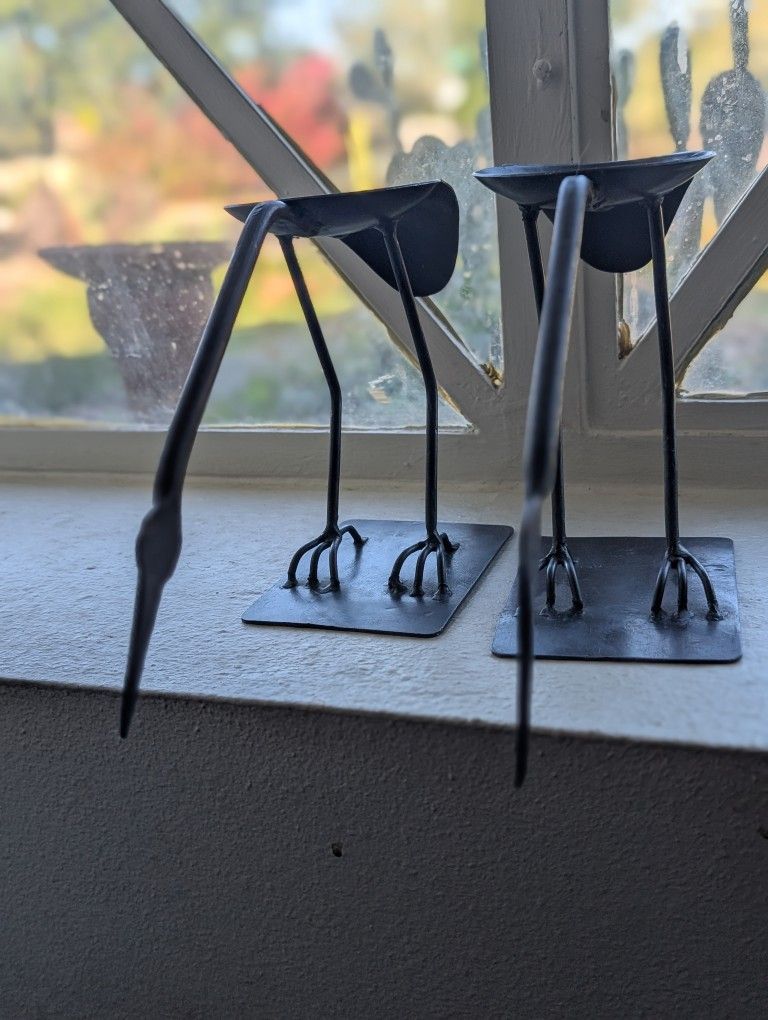 Set of 2 Iron Crane/Heron welded candle holders set of