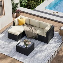 5-Piece Outdoor Rattan Sectional Sofa Set with Glass Table - Beige