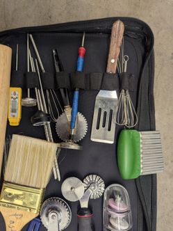 Professional chefs pasta prep and pastry set victorinox shoulder bag japan Stone sharpener, digital thermometers wustof cutco allclad hexclad Williams