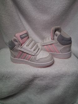 Adidas pink and white hoops mid high sneakers for toddlers