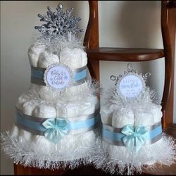 Blue Silver Winter Snowflake Diaper Cakes