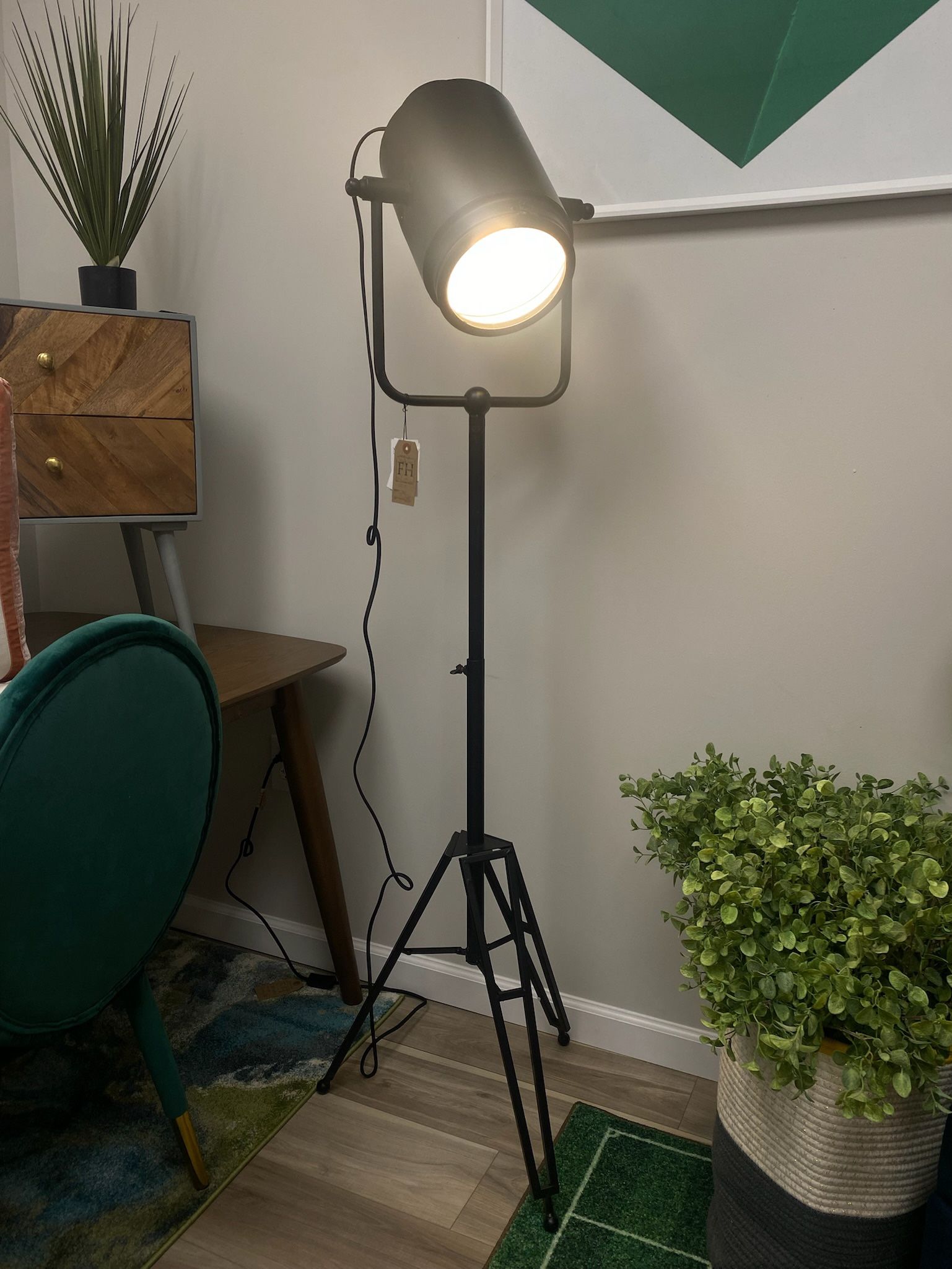 {ONE} Cauley 61'' Tripod Floor Lamp. Overall: 61'' H X 22'' W X 22'' D. Color: black. Has slight wear (see photos). MSRP: $242. Our price: $158 + Sale