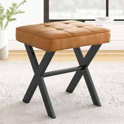 Whiskey Brown Vanity Stool - Square Faux Leather Makeup Seat 