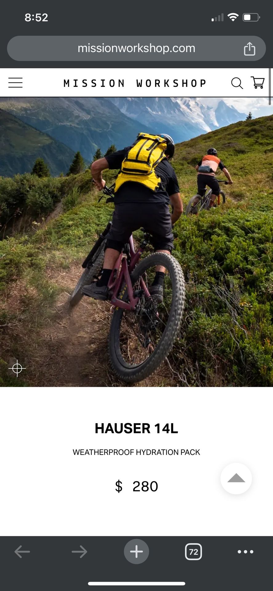 Mission Workshop Hauser 14L mountain biking backpack, hydration pack