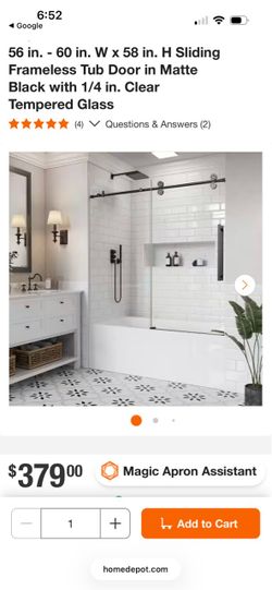 56 in. - 60 in. W x 58 in. H Sliding Frameless Tub Door in Matte Black with 1/4 in. Clear Tempered Glass