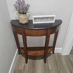 “Half‑Moon Entry Table with Black Stone Top – Solid Wood