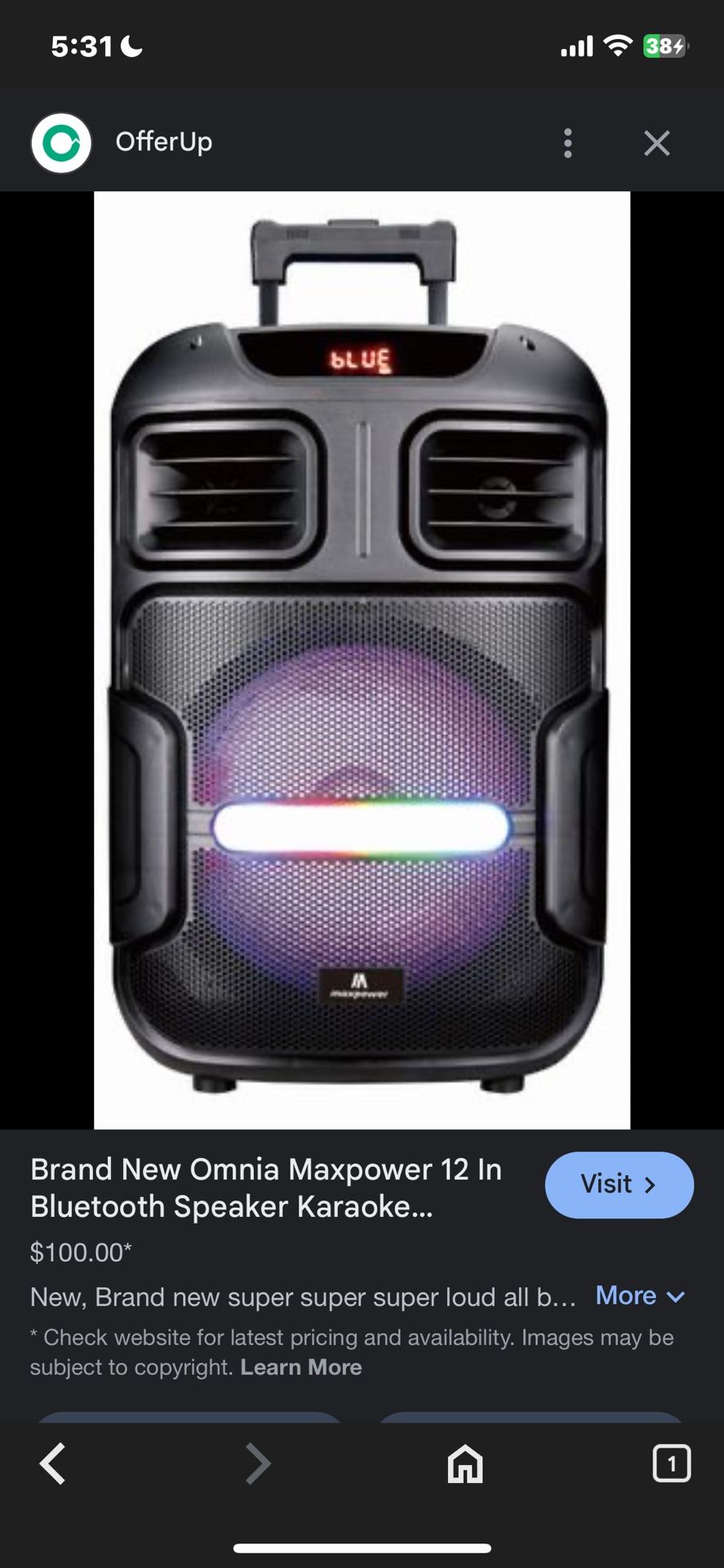MaxPower Bluetooth Speaker (read Bio)