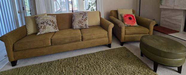 Olive Green Sofa, Chair, Leather Ottoman with 5 Pillows