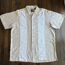 HAGGAR Mens Shirt XL Beige White Washable Linen Blend Bowling Camp Short Sleeves