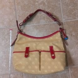 Dooney & Bourke Monogram Tan Canvas - Red Leather Trim Shoulder Bag 
