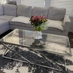 Glass Table Set – 2 Square Side Tables + 1 Rectangular Sofa Table, Metal Legs