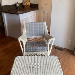 Wicker Chair, pad, and Ottoman