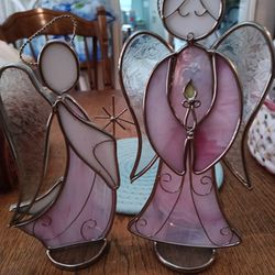 Pair Pink Stained Glass Angels