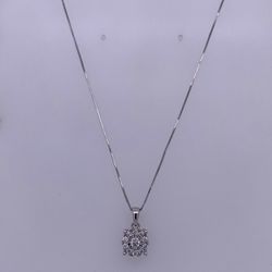14k White Gold Thin Box Link Necklace W/ Round Diamond Pendant 