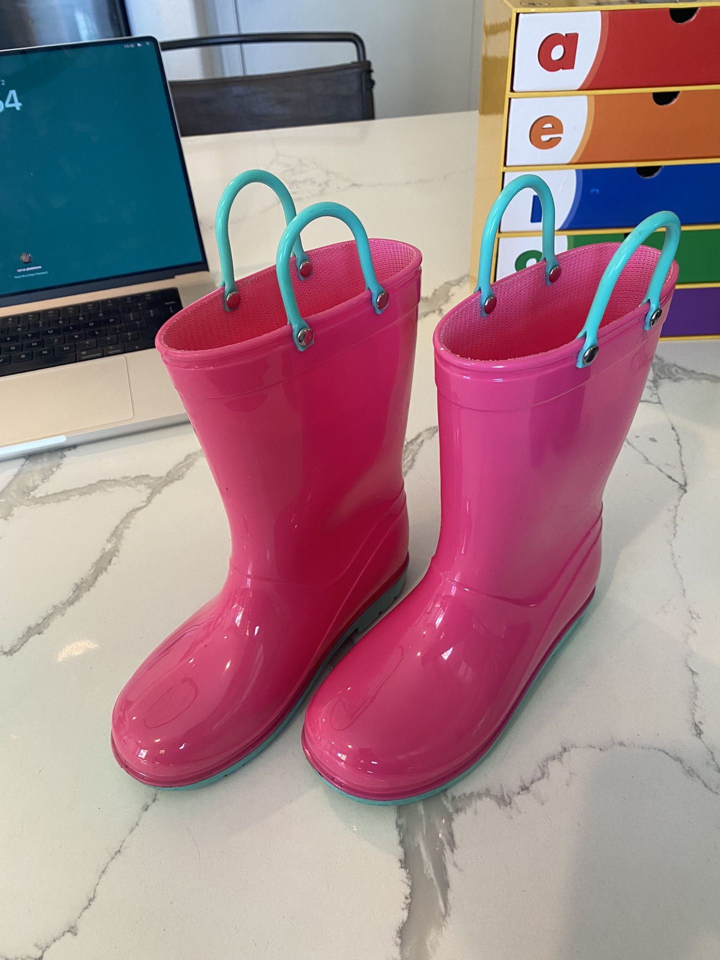 Girls Pink Rain Boots Kids Size 12 Easy Pull On