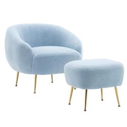 Modern Comfy Leisure Accent Chair, Teddy Short Blue Plush Particle Velvet Armchair with Ottoman (Set of 2)