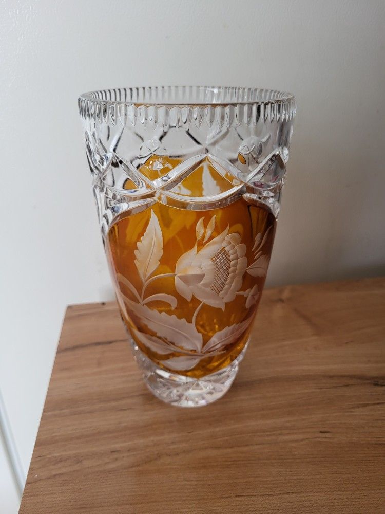 Vintage Etched Bohemian Polish Glass Vase