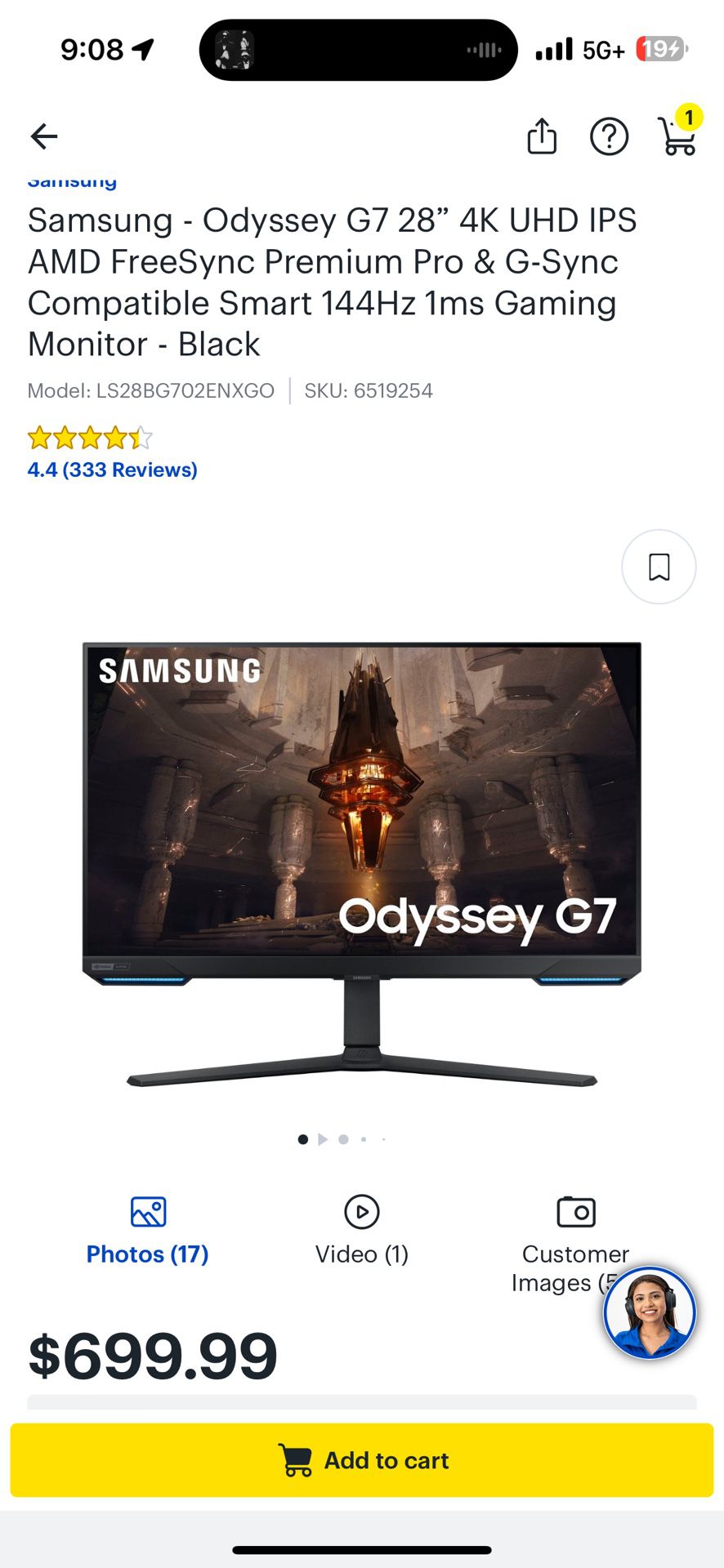 Samsung Odyssey 28' G70B, 4K UHD IPS 144Hz 1ms, G-Sync, Lighting, Gaming Monitor