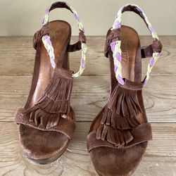 SCHUTZ Size 7 B Brown Suede Leather Fringe Braid Wood High Heel Sandals Boho 