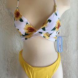 Women Sunflower Bathing Suit Lace Up Bikini Set High Waist Floral Print 2 Piece