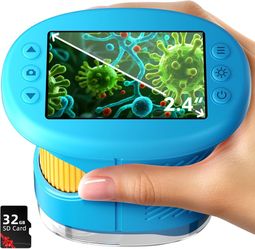 4K 1000X Digital Microscope for Kids with 32G Card, Long Distance Viewing & 2.4" Screen Portable Handheld Edu Toys for Age 3-12 Exploring Bugs Plants