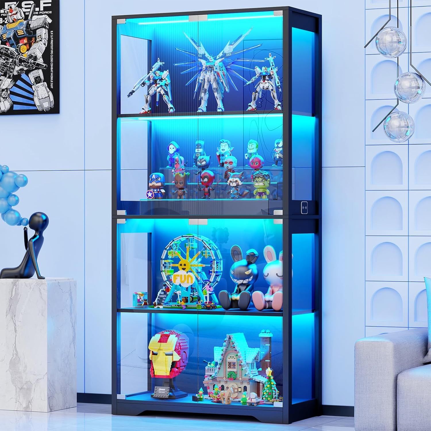 Display Cabinet with Glass Doors, 4-Tier Curio Cabinet with 3 Color Lights for Collectibles, Glass Display Case with Human Body Sensor, Bookcase with