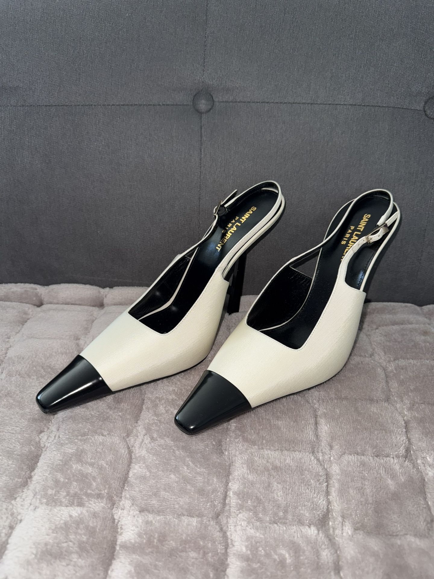 Brand New Saint Laurent Paris Leather Slideback Pumps/ Helps Black And White 