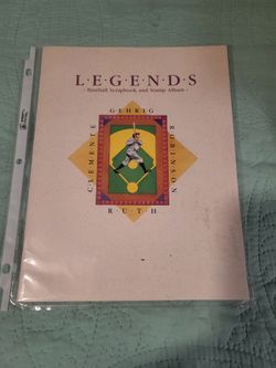Legends Baseball Scrapbook And Stamp Album Lou Gehrig, Jackie Robinson, Babe Ruth, & Roberto Clemente