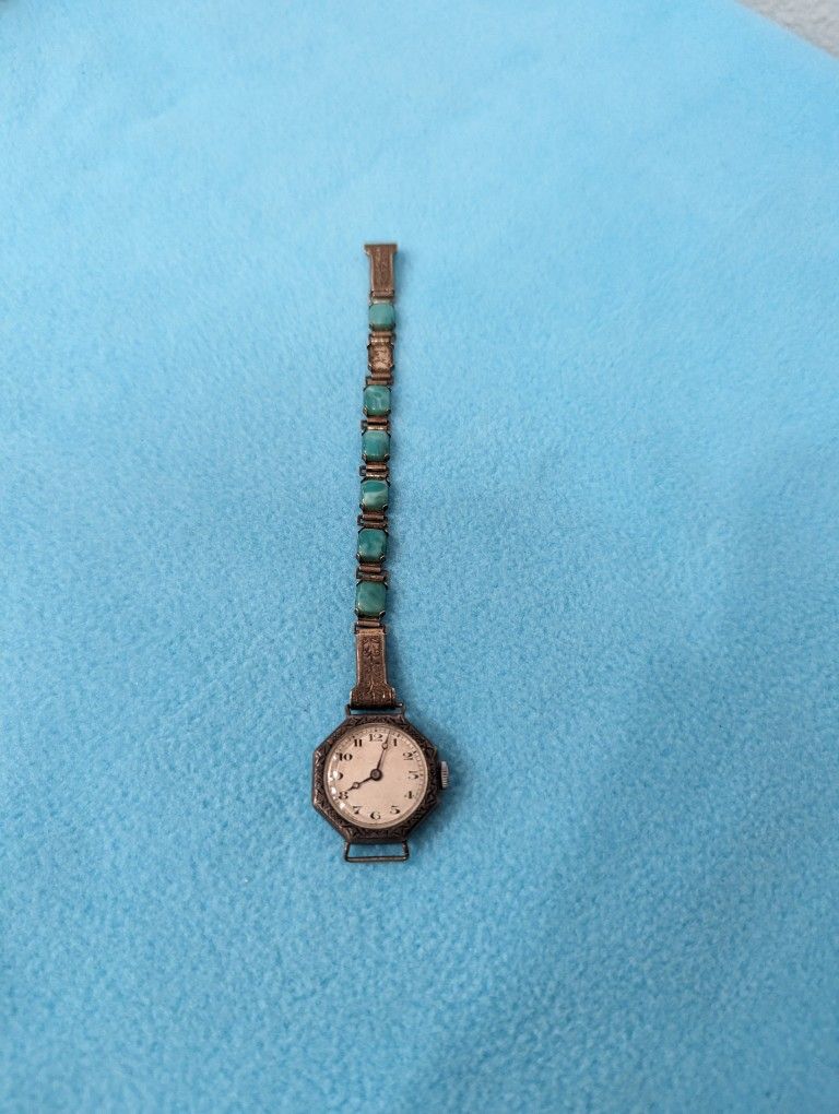 Antique Sterling Silver Turquoise Art Deco Women Watch Swiss Made Collectible