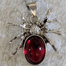 New!! Fashion Jewelry.  Silvertone Spider Necklace With Red Stone 