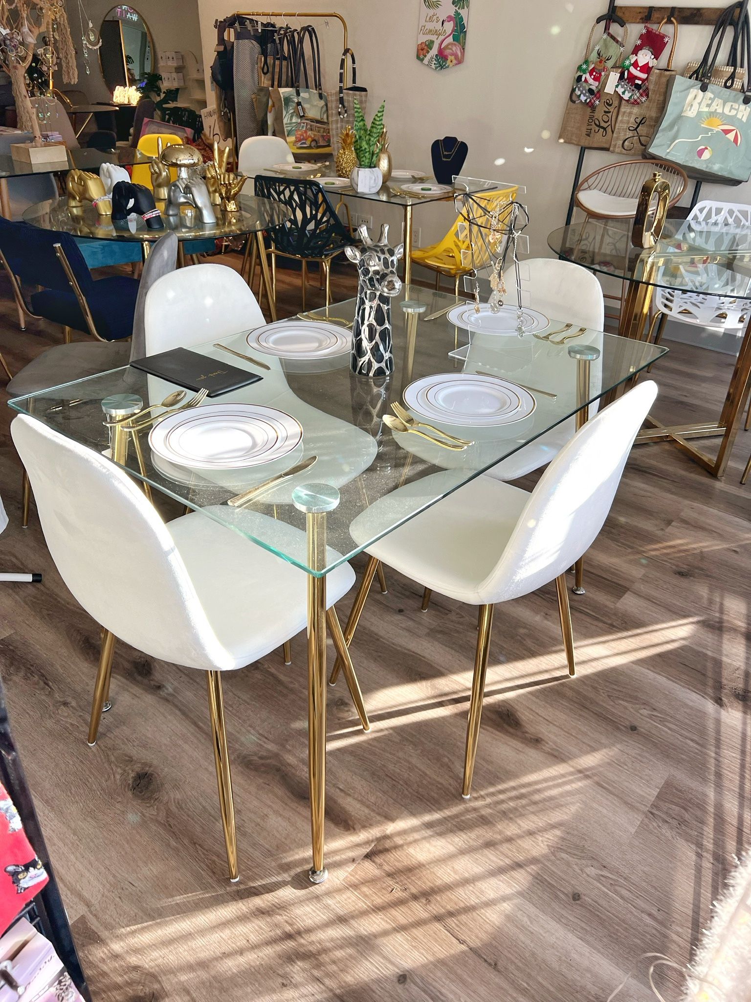 Modern Glass dining set with white velvet chairs For 4 People