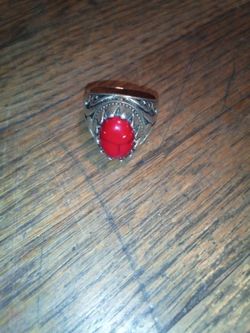 Silver Tone Ring with Red Stone