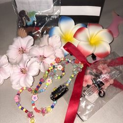 Cute Flower Hair Clips & Beaded Hair Chain Lot