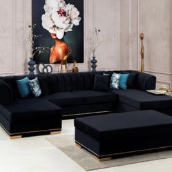 Armony U Double Chaise Sectional Velvet Upholstery - Black.

