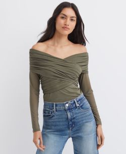Mesh Ruched Off The Shoulder Top Large Olive