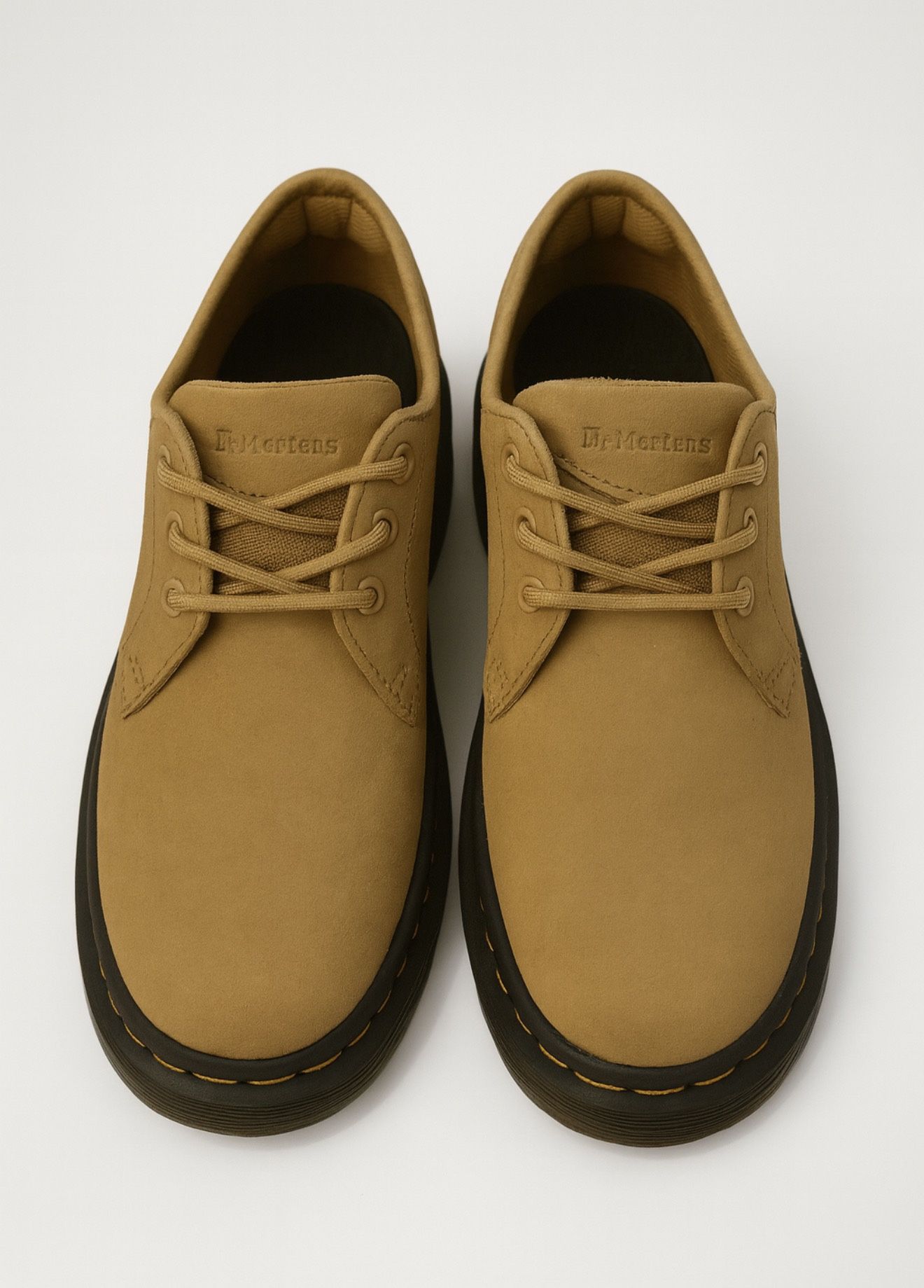 Dr. Martens Isham Junior Size 4 Shoes in a tan/khaki suede colorway.
