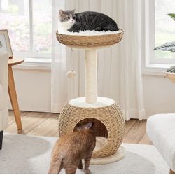 Cat Tree, 29.5in Rattan Cat Tower for Indoor Cats w/Scratching Post, Woven Cat Condo and Soft Cushion Top Perch, Aesthetic Cat Tree for Kittens
