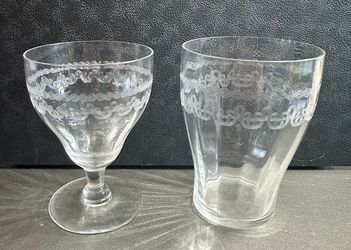 Vintage Fostoria "Cloverleaf" Needle Etched Crystal Goblet & Tumbler