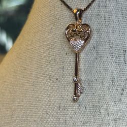 Rose Gold Colored Heart Shaped Key Pendant Accented with Chrystal Rhinestones Necklace