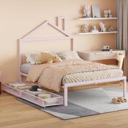 🔥🔥*Read* Full Size Metal Platform Bed with House-Shaped Headboard Design and 2 Drawers, Pink