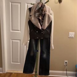 Grey Vest With Military Style Buttons, Button Accent On Shoulder 