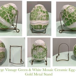 Large Vintage Green & White Mosaic Ceramic Egg on a Gold Metal Stand