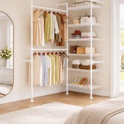 Wall Mounted Closet System, Industrial Pipe Clothing Rack Clothes Racks with 2 Telescopic Rod & 6 Shelves, Heavy Duty Closet Organizers System in Ward