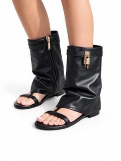 Women’s Black Leather Gaiter Flat Sandals with Gold Padlock, 5.5