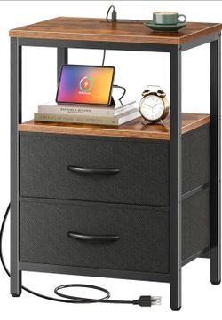 Huuger Nightstand with Charging Station, Side Table with Fabric Drawers, End Table with Open Shelf, Bedside Table with USB Ports and Outlets